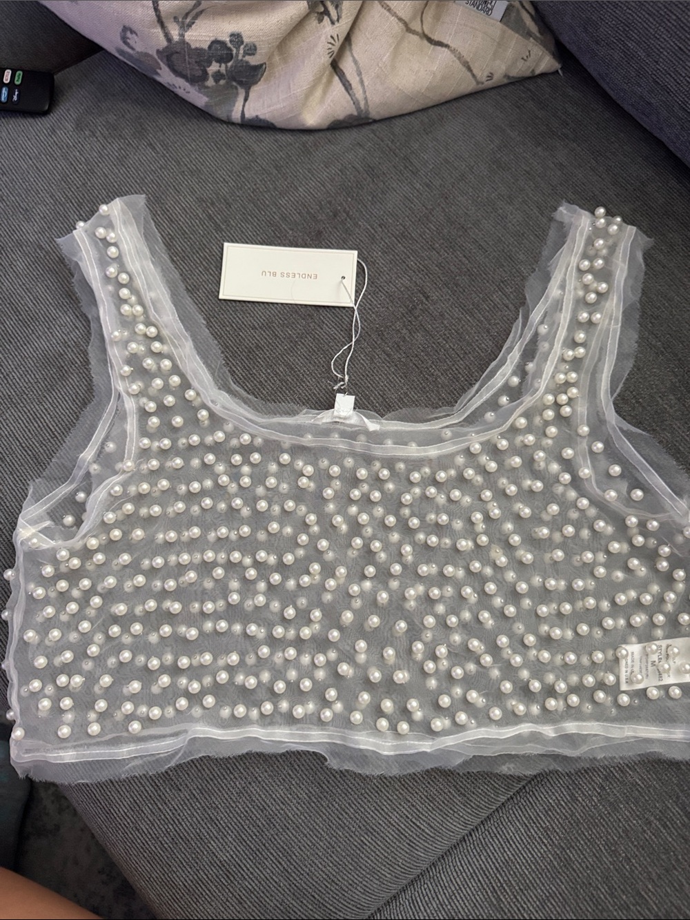 Pearl-Embellished White Mesh Crop Tank